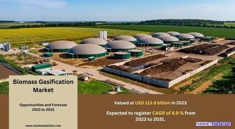 Graph showing trends and growth in the global biomass gasification market, including key drivers, market segments, and regional insights.